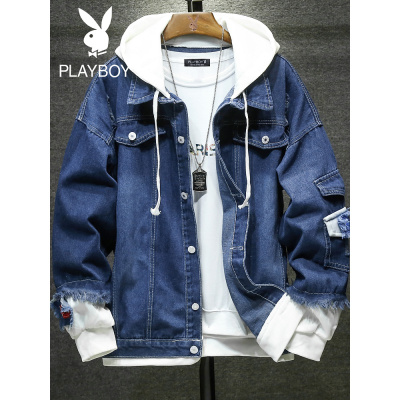 花花公子假两件牛仔外套男春秋季休闲连帽夹克韩版潮流宽松上衣服