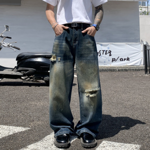 一字割破磨白牛仔裤男独特宽松AC潮款灼烧牛仔长裤男炒盐水洗潮牌