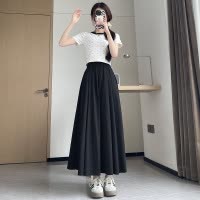 色半身裙女新款夏季高腰a字大摆伞裙长裙小个子冰丝山本裙