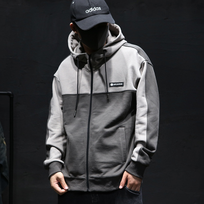 SUNTEK春季棉开衫连帽卫衣男宽松潮牌运动撞色外套加肥加大码胖子夹克卫衣