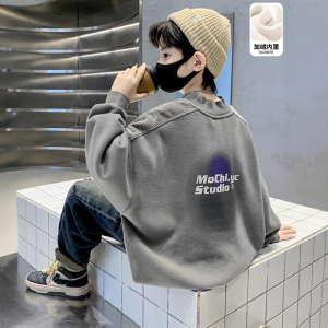 儿童装男童一体加绒卫衣秋冬款新款男孩冬季中大童上衣加厚潮