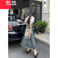 YIBUSHENG大码女装显瘦遮肚牛仔背带裙子胖mm辣妹开叉吊带裙连衣裙女长裙
