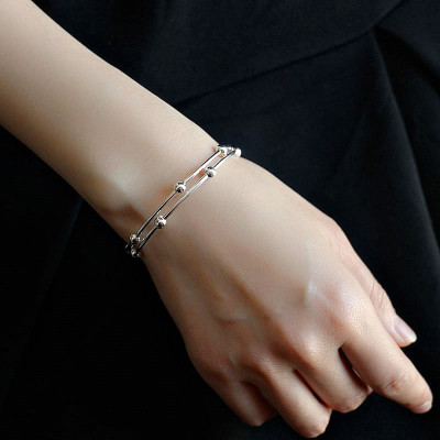 简约双层圆珠足银开口手镯可调节几何韩版银手镯潮流叠戴风女送礼送女朋友老婆情人节七夕生日礼物