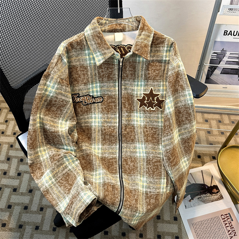 男装美式潮牌刺绣格子衬衫男春秋季新款宽松情侣百搭夹克翻领外套