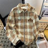 男装美式潮牌刺绣格子衬衫男春秋季新款宽松情侣百搭夹克翻领外套