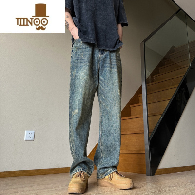 YANXU水洗做旧牛仔裤男款夏季2023新款美式高街潮牌宽松直筒hiphop裤子