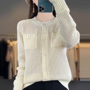 春夏季圆领带兜镂空设计款针织外搭小众极简风女士精纺羊毛开衫潮