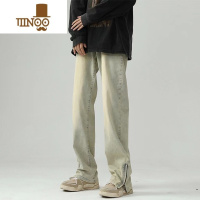 YANXU美式复古黄泥染水洗牛仔裤男高街vibe裤子直筒修身开叉拉链微喇裤