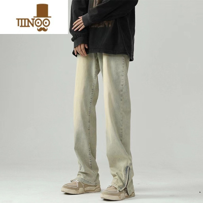 YANXU美式复古黄泥染水洗牛仔裤男高街vibe裤子直筒修身开叉拉链微喇裤