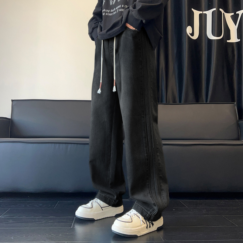 [2.5折价138元]唐狮新款秋冬款牛仔裤男加绒加厚直筒裤侧边抽绳拼接直筒长裤W