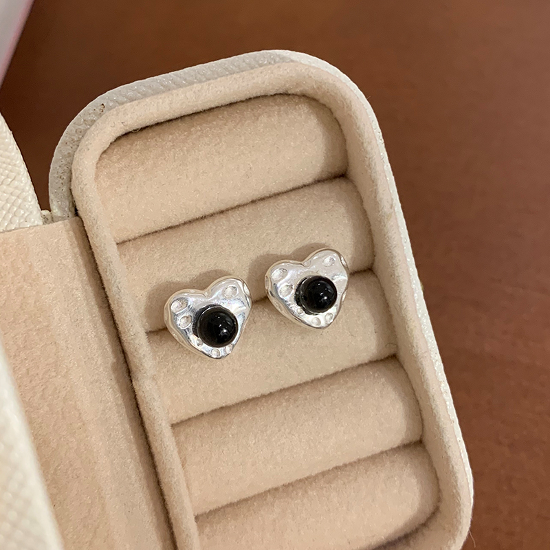 纯银复古黑玛瑙爱心耳钉轻奢高级感气质大气耳环独特漂亮耳饰送女朋友老婆情人节七夕生日礼物