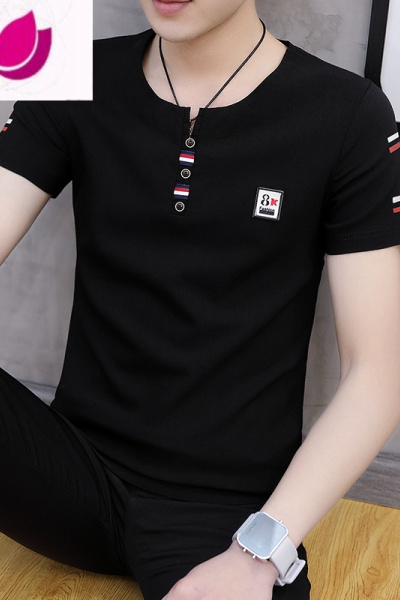 七斓夏季男士短袖t恤V领半截袖韩版潮流半袖修身体桖2023新款夏装衣服