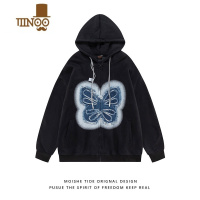 YANXUMOISHE TIDE美式复古蝴蝶贴布连帽开衫卫衣男ins宽松加绒情侣外套