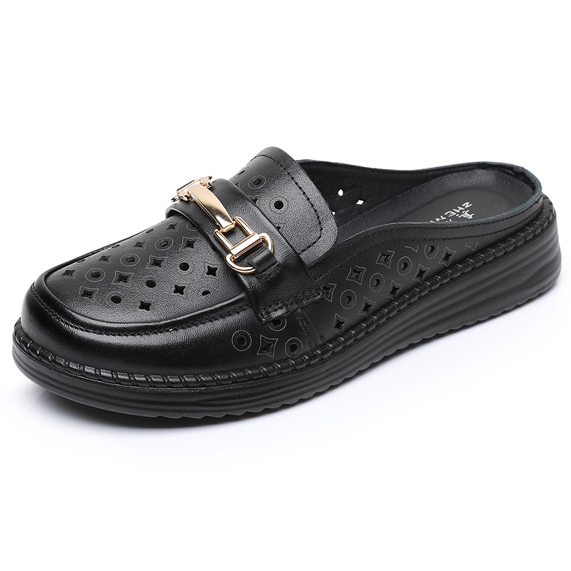 新款热卖牛皮软底软面外穿透气防滑半拖鞋女粗跟镂空无后跟亮拖鞋