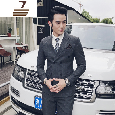 NEWLAKE四季青年男士西服套装双排扣英伦三件套修身韩版格子西装新郎结婚