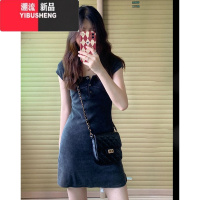 YIBUSHENG大码胖mm甜辣灰色方领短袖连衣裙女收腰遮肚显瘦修身a字包臀裙子