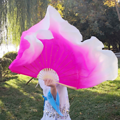 舞蹈扇子跳舞扇加长成人秀色双面胶州秧歌扇演出大扇渐变舞表演扇三维工匠骨长36飘25厘米玫红白到染双大面