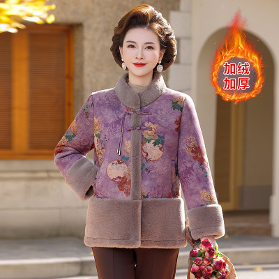 新款加绒妈妈装保暖时尚古风印花中老年女士休闲外套冬季加厚衣服