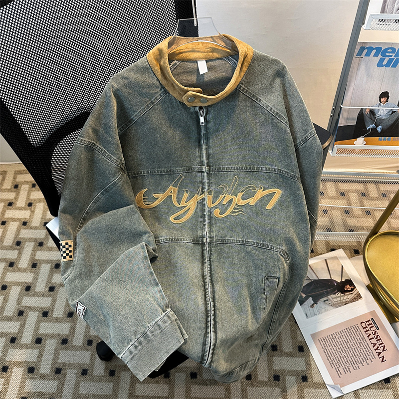 夹克男春秋潮牌美式复古机车立领水洗夹克男街头嘻哈上衣牛仔外套