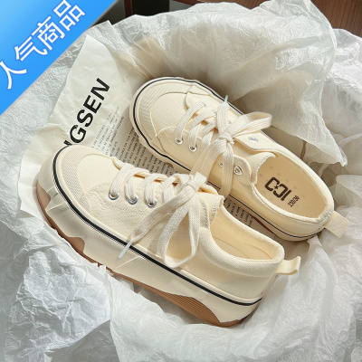 SUNTEK厚底小白鞋女2023夏季新款透气帆布鞋百搭原创小众不撞款鞋子板鞋