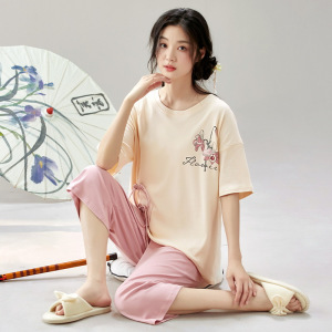 国风新中式新款棉质套装夏季女士短袖七分裤休闲家居服薄款可外穿