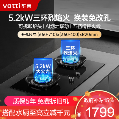 华帝(vatti)燃气灶天然气灶家用嵌入式5.2kW猛火底座可调节免扩孔易清洁70%热效率 烟灶联动灶具i10309L