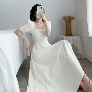 泡泡袖方领赫本风连衣裙女装夏季裙子收腰显瘦气质过膝长裙子夏款
