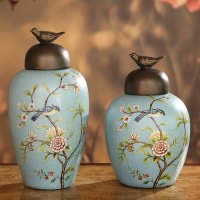 美式乡村花鸟陶瓷储物罐家居软装饰品客厅玄关酒柜样板间摆件欧式 三维工匠 款二垃圾桶