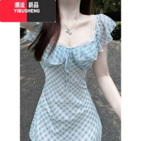 YIBUSHENG蓝色格纹吊带连衣裙子女2024新款季小个子收腰又甜又辣a字短裙
