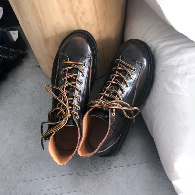 Ideamini棕色皮靴男中帮韩版潮流休闲防水靴子厚底百搭秋季英伦马丁靴靴子