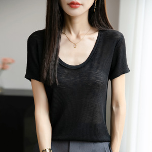 夏季新款正肩U领短袖针织衫女纯色宽松套头T恤基础款显瘦打底上衣