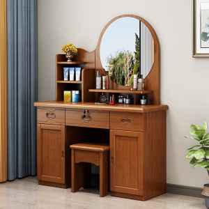 青木川 中式实木梳妆台家用卧室化妆桌1.1米带凳子带镜子带锁床边收纳储物柜一体小户型化妆台梳妆柜