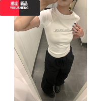 YIBUSHENG美式复古辣妹紧身液态金属印花短袖t恤女季插肩袖修身短款上衣