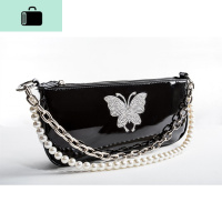 复古蝴蝶水钻珍珠链条古着单肩斜挎手提手拎法棍腋下包NEW LAKE 黑色女士单肩包