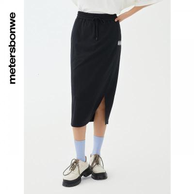 [1件5折价:59.5]美特斯邦威开叉半身裙女百搭时尚潮流黑色舒适抽绳裙子