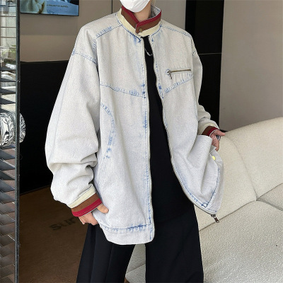 男装美式复古潮牌牛仔外套男春秋季新款痞帅青少年立领工装夹克男