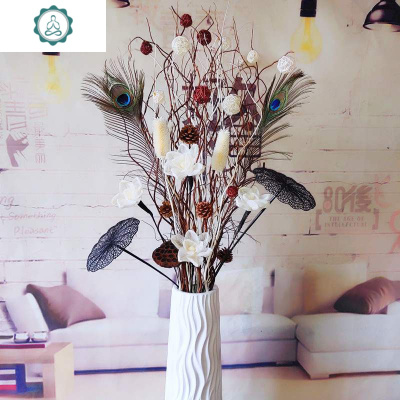 。干花落地花客厅电视柜艺术假花装饰花手工叶脉荷花干树枝插花摆封后树枝羽毛荷花套装带花瓶05干树枝
