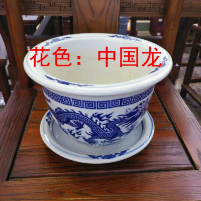 回固圆形陶瓷带托盘大号盆景花钵青花瓷器盆栽花卉种植树盆中国龙30-35cm