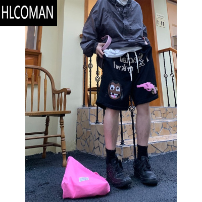 HLCOMAN美式街头卡通印花休闲短裤男ins高街复古嘻哈小众宽松运动五分裤