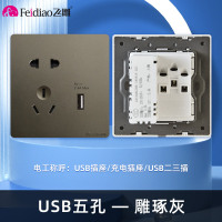 飞雕(FEIDIAO)开关插座暗装86型家用墙壁开关插座 大阪钢支架 雕琢优雅灰系列 雕琢灰五孔带一位USB