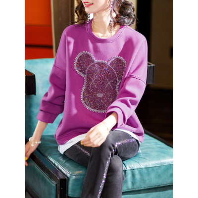 暖青汇素木烫钻假两件卫衣女秋冬欧洲站时尚2020年新款拼接宽松上衣潮卫衣