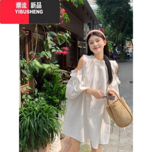 YIBUSHENG设计感绑带露肩黑色连衣裙女春季2024新款气质宽松显瘦立领短裙潮