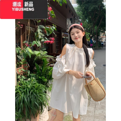 YIBUSHENG设计感绑带露肩黑色连衣裙女春季2024新款气质宽松显瘦立领短裙潮