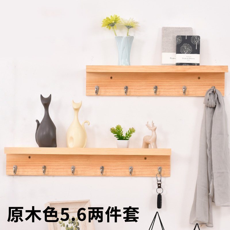 美帮汇墙上置物架简约现代客厅实木隔板玄关艺术挂钩卧室壁挂木板挂衣架 原木色五钩六钩两件套