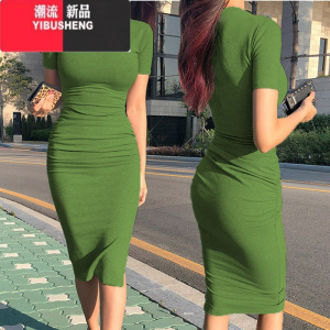 YIBUSHENG性感紧身包臀连衣裙女修身显瘦短袖褶皱中长裙内搭打底t恤长裙