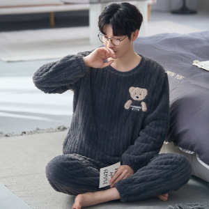 新款男士睡衣珊瑚绒秋冬季加厚加绒大码法兰绒保暖套装家居服