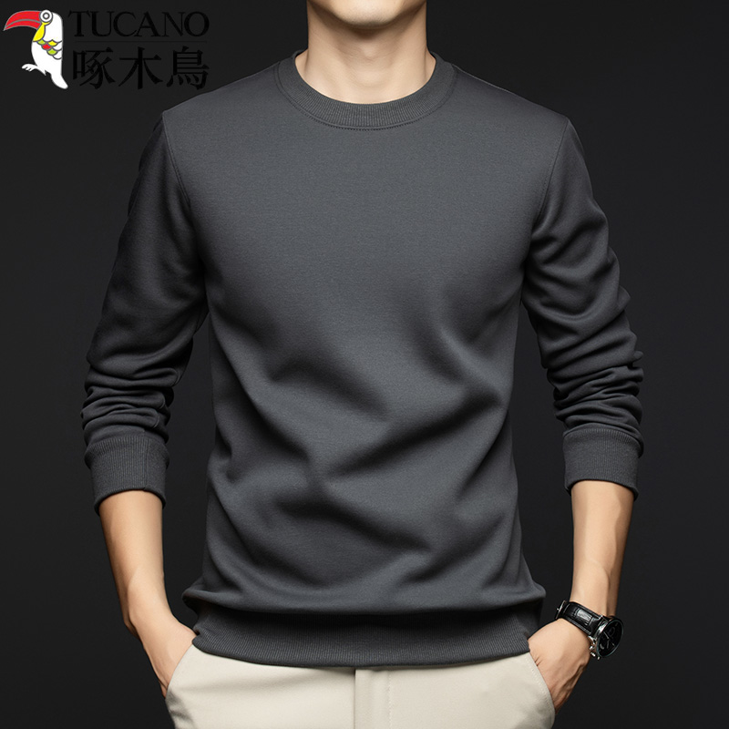 啄木鸟春秋季新款中年男士爸爸装纯棉圆领T恤打底衫纯色长袖卫衣