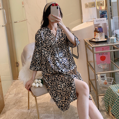 HLCOMAN睡裙夏季薄款冰丝甜美可爱学生中袖睡衣女春秋清新豹纹性感家居服睡裙