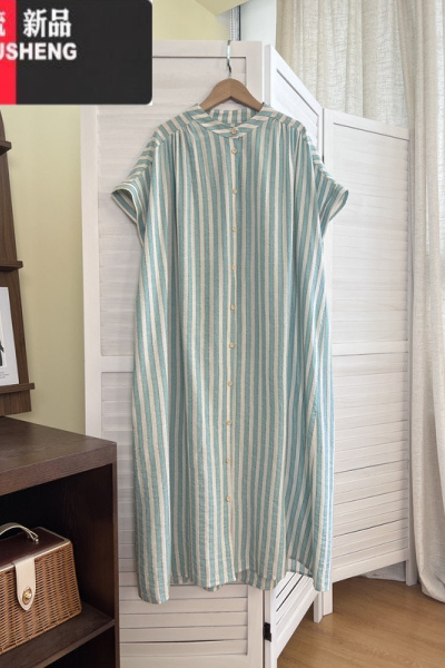 YIBUSHENG日系 简约清新蓝白条纹圆领单排扣短袖袍子宽松百搭叠穿连衣裙