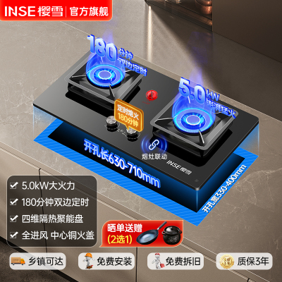 樱雪燃气灶JZT-Q2588(B)W煤气灶双灶台式嵌入式两用 5.0kW大火力家用聚能猛火定时灶台 液化气